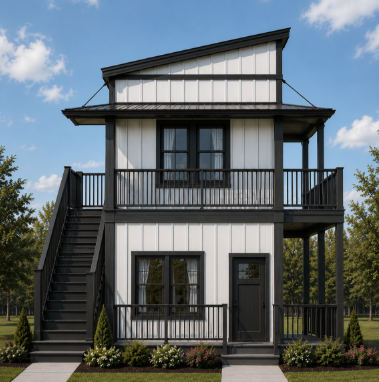 Belvidere — two-story stacked duplex front elevation rendering