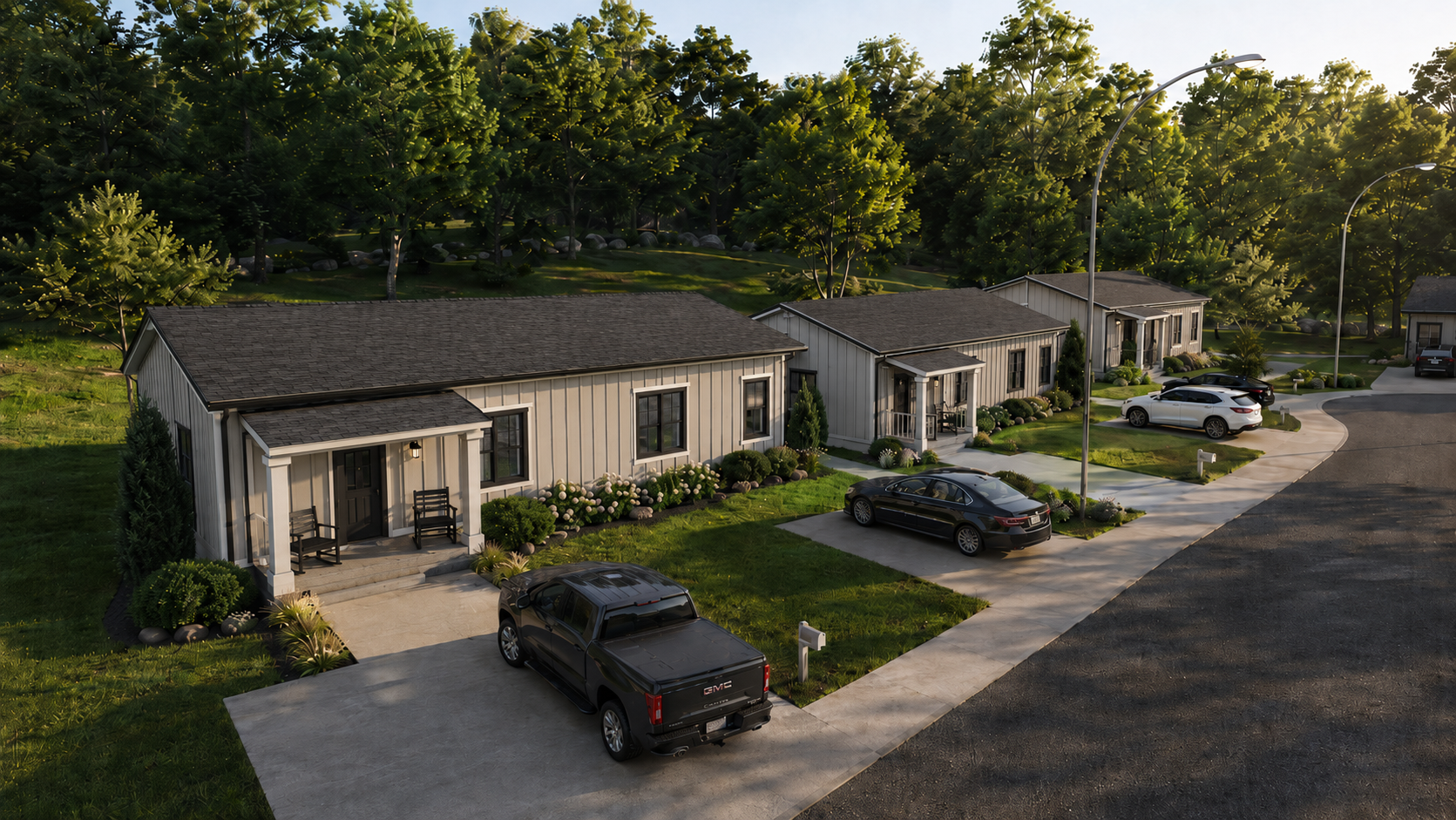 Build-to-Rent — detached cottage-court rental community aerial