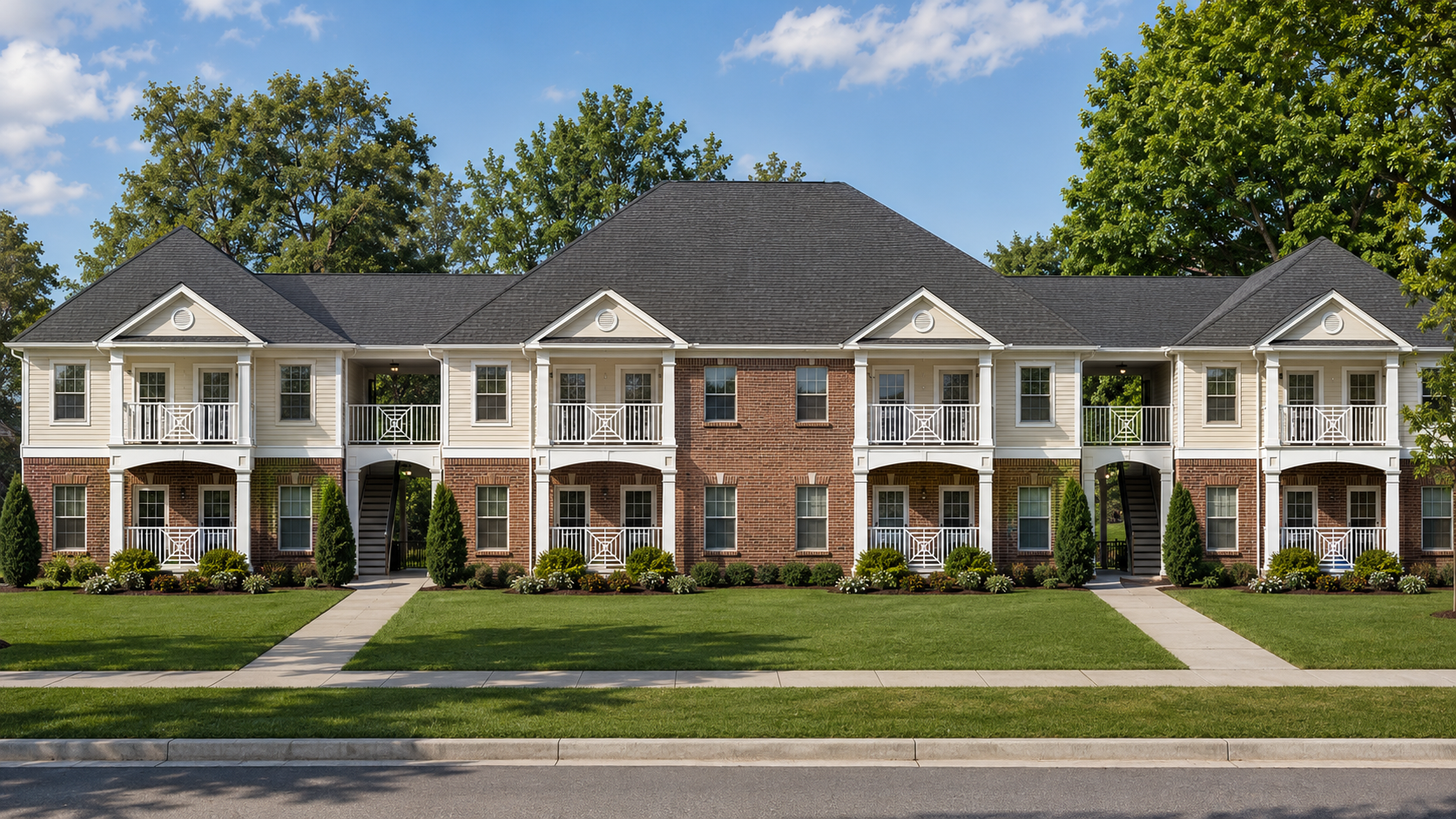 Garden-style multi-family — two-story breezeway-access apartment building exterior