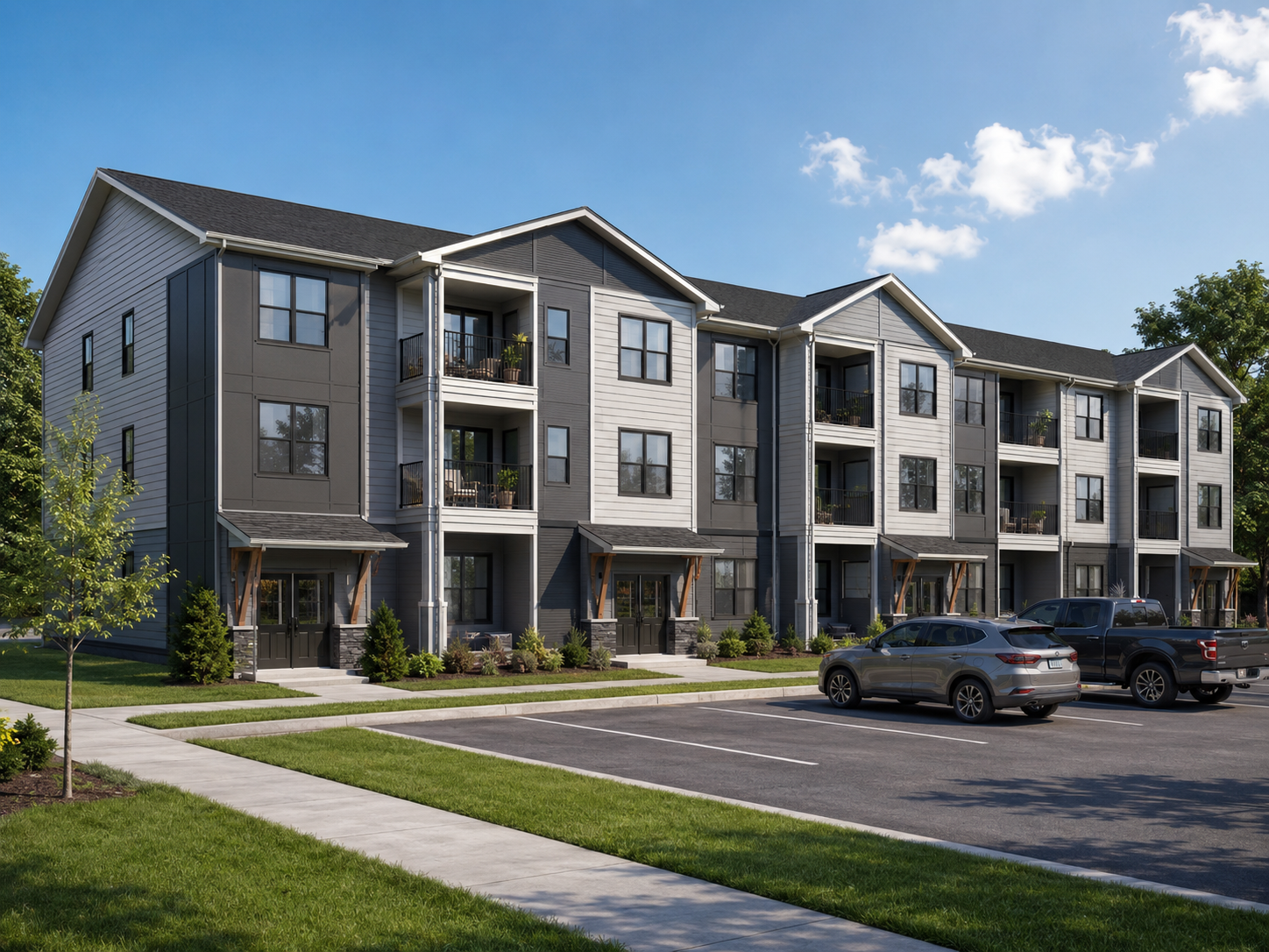 Three-story multi-family — 20-unit balcony-access apartment building exterior