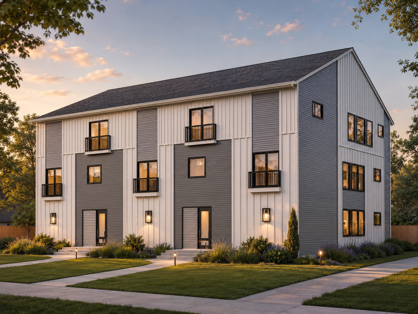 Townhomes — three-story attached townhome community rendering