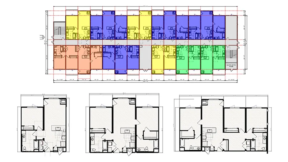 Color-coded modular unit floor plan for a multi-family building
