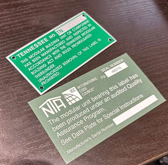 Tennessee state modular building and NTA quality-assurance data-plate labels